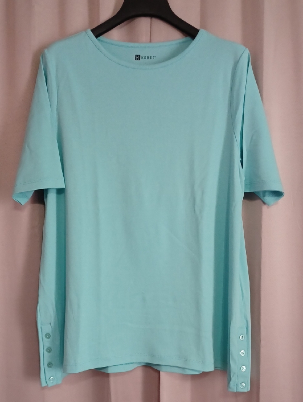 Koret Short Sleeve Crewneck Tunic Button Detail Aqua Blue Pima Cotton Women's L